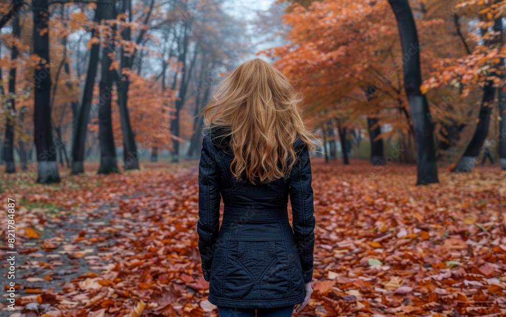 A young woman is walking through a path covered with fallen leaves A young woman is walking through a path covered with fallen leaves