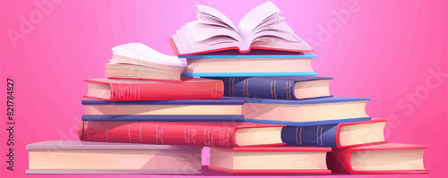 Pile of books for reading. Stack of various textbooks in hardcover, open notebook on a pink background. World book day. Literature, education concept. Isolated flat vector