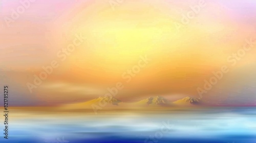   A sunset painting with a mountain, water, and distant clouds © Olga