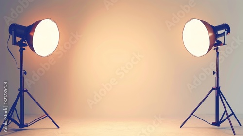 Professional photo lamps and cyclorama on tripod with warm yellow light. Photo studio lighting equipment and blank white background realistic modern.