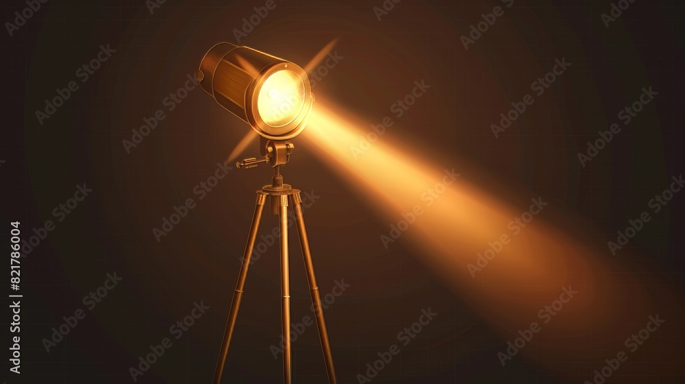 The spotlight is a realistic modern illustration consisting of a professional video and photo lamp mounted on a tripod, stage equipment with warm yellow light on a transparent background.