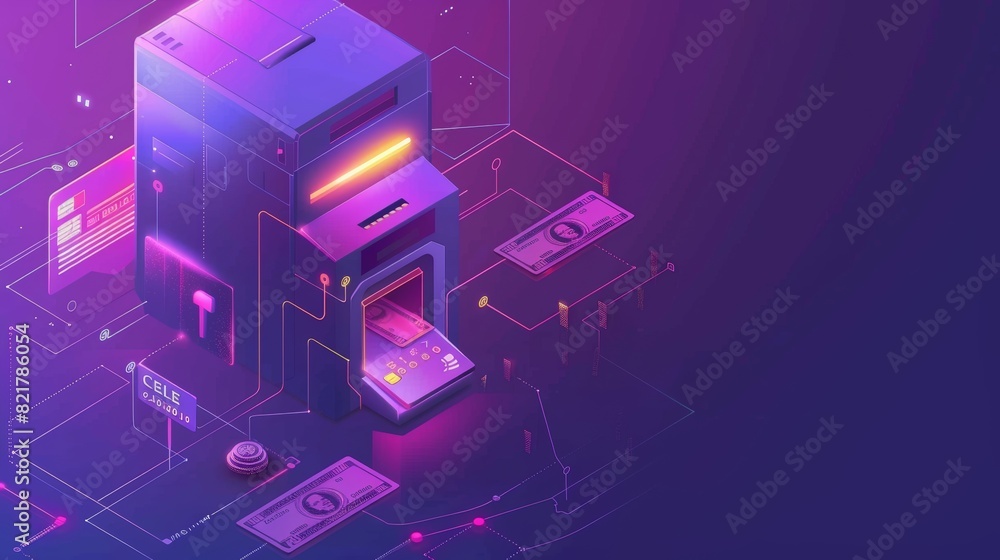 Bank technology, financial apps, cache machine and smartphone, credit card, euro cash money, bank building with connection lines on ultra violet. Bank technology, financial apps, cache machine and smartphone, credit card, euro cash money, bank building with connection lines on ultra violet.