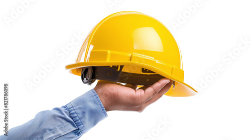 Male hand holding yellow construction hat isolated on white.