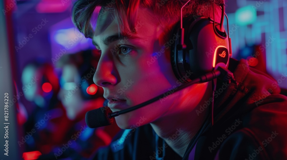 Playing a video game online, a pro gamer talks over a microphone to his team mates. Neon colored room. e-Sport cyber games internet championship. Playing a video game online, a pro gamer talks over a microphone to his team mates. Neon colored room. e-Sport cyber games internet championship.