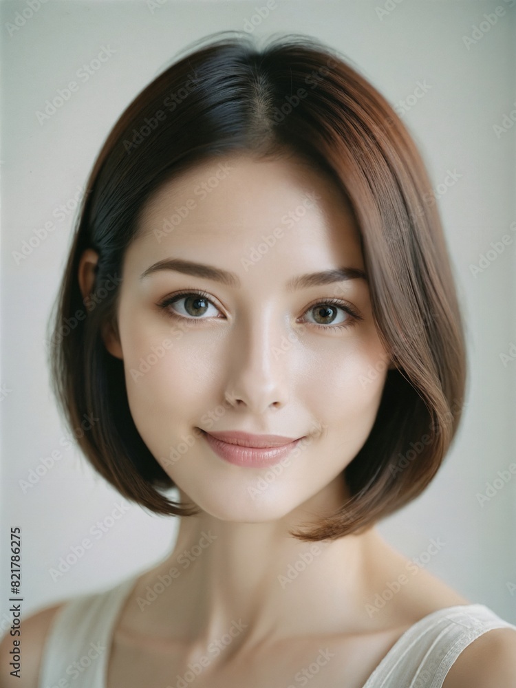asian beautiful woman in white sundress bob shoulder length hair in white studio background asian beautiful woman in white sundress bob shoulder length hair in white studio background