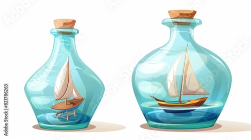 Ship inside glass bottle. Modern cartoon icon of a miniature sailing vessel in a jar on a stand. Vintage wine bottle with small sailing vessel model isolated on white.