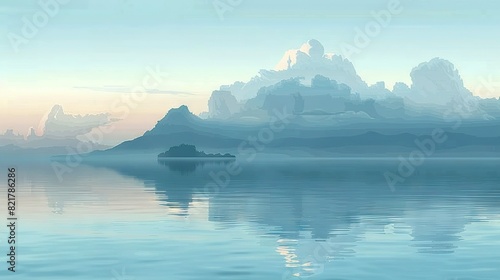  A painting depicts a tiny isle surrounded by a vast expanse of water and a backdrop of sky