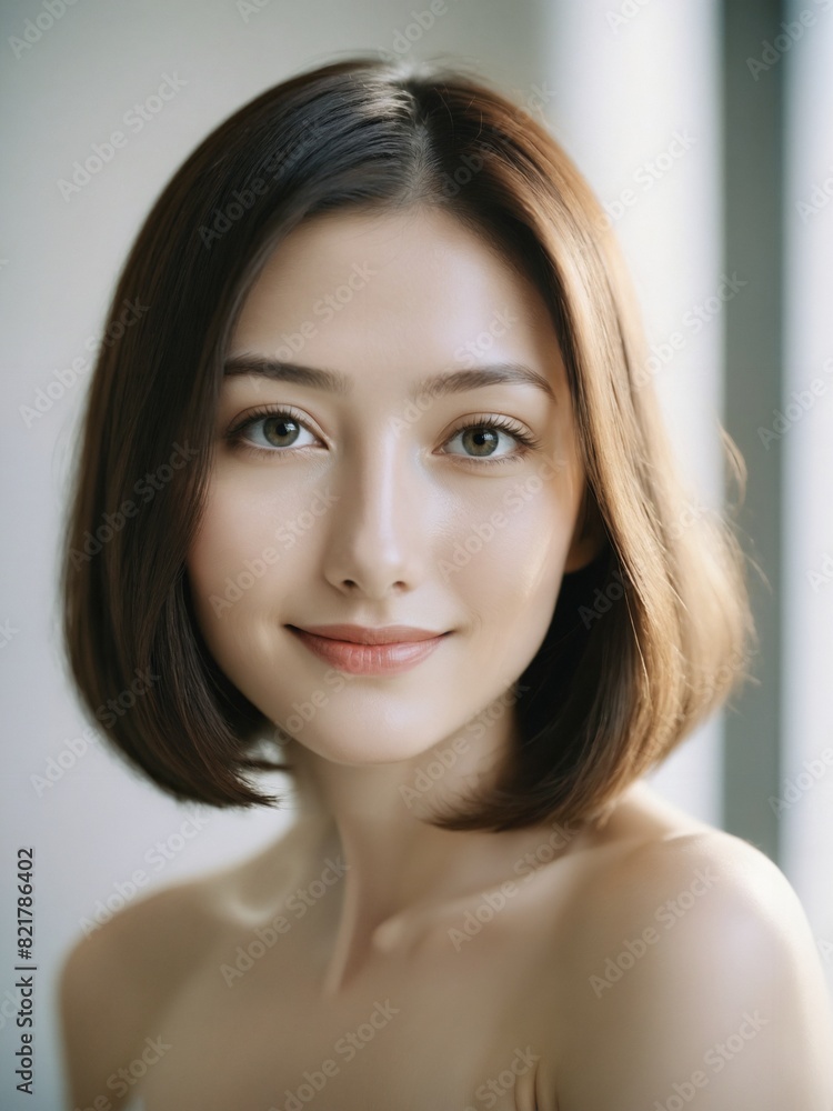 Naklejka premium asian beautiful woman in white sundress bob shoulder length hair in white studio background