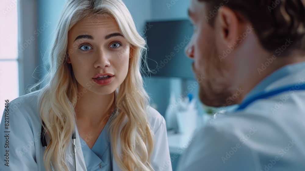 Doctor talks to gorgeous blonde woman in medical office. Consultation by health care professional. Doctor talks to gorgeous blonde woman in medical office. Consultation by health care professional.