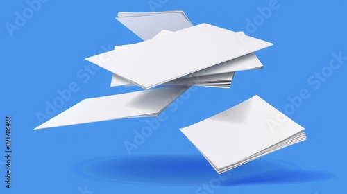 An illustration of flying white paper sheets from a stack of documents. Modern realistic illustration showing a chaotic flight of blank note pages on the wind in front of a blue background. Office