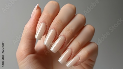 A woman's hand with a chic neutral-colored manicure is set against a gray backdrop. The long square nails, finished with a beautiful gel polish, exude understated elegance. © peerawat