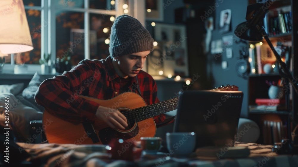 Obraz premium At home, talented young man plays guitar while reading chords from a laptop, blogging online, and practicing at his desk.