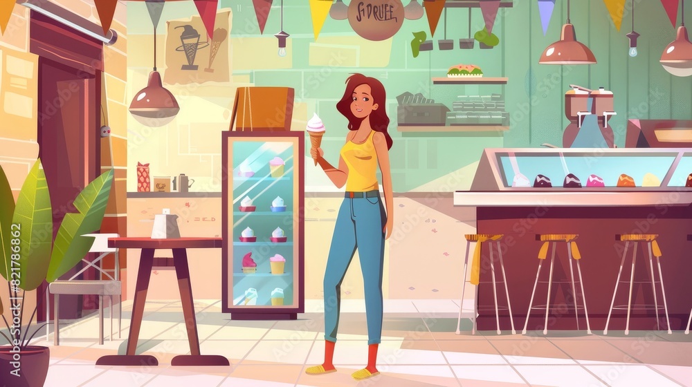A woman sells ice cream to customers and holds an ice cream cone stand near a table and chairs in a cafe interior with a fridge, a showcase, a banner, and lamps. Cartoon modern illustration showing A woman sells ice cream to customers and holds an ice cream cone stand near a table and chairs in a cafe interior with a fridge, a showcase, a banner, and lamps. Cartoon modern illustration showing