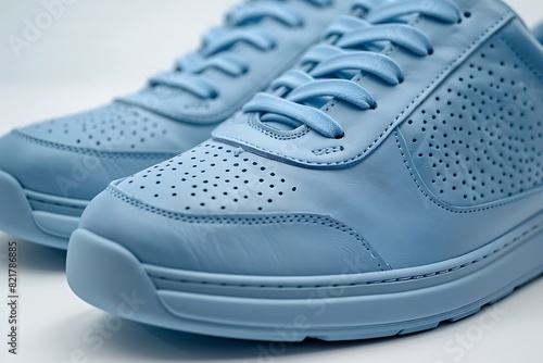 Close up of elegant light blue sports shoes in natural nubuck leather for adult men photographed on a white background. Fashion accessories photo