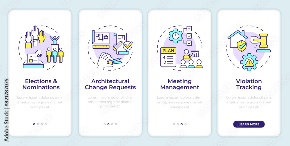 HOA management features onboarding mobile app screen. Walkthrough 4 steps editable graphic instructions with linear concepts. UI, UX, GUI template. Montserrat SemiBold, Regular fonts used HOA management features onboarding mobile app screen. Walkthrough 4 steps editable graphic instructions with linear concepts. UI, UX, GUI template. Montserrat SemiBold, Regular fonts used