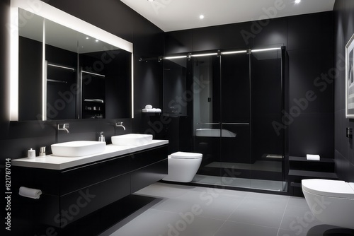 Modern All Black Bathroom Design With White Bathroom Cabinet