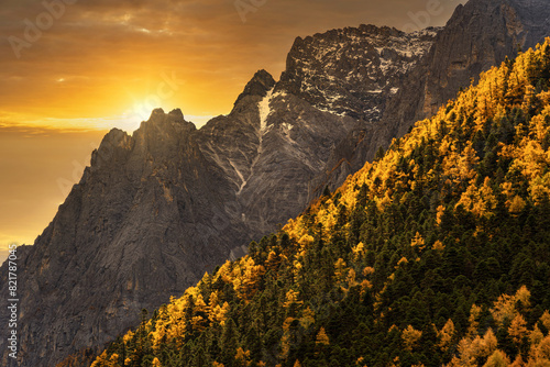Scene of sunset at The mountain in autumn season in yading nature reserve, Daocheng County, photo