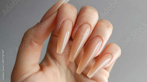 A woman s hand with a sleek  neutral-colored manicure is featured in this image. The long square nails are beautifully polished with gel  standing out against the neutral gray background.