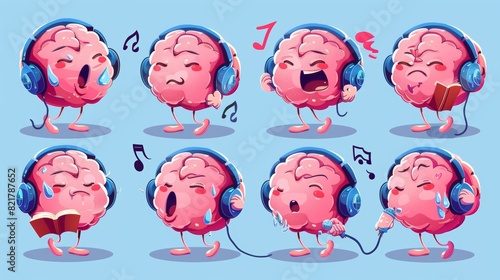 Isolated icons of cartoon brain characters with funny faces listening to music in headsets, reading books, greetings, and suffering headaches. Modern illustration, isolated icons collection.