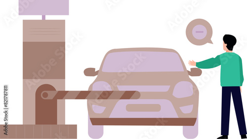 The boy is showing his hand to stop the car.