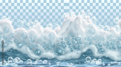 The foam or foamed beer is isolated on a transparent background. There are bubbles in the soap froth texture, seamless border, and foamy frame. Waves on the sea and detergent foam, realistic 3D photo