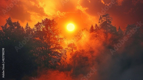 Bold Orange Sun Bursting Through a Misty Morning Forest, Awakening Nature © Sawera Bibi