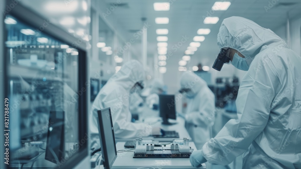 Developing Electronics for Medical Electronics in a Research Factory Cleanroom: Engineers and scientists in coveralls work on computers, inspect their motherboard microprocessors with microscopes, Developing Electronics for Medical Electronics in a Research Factory Cleanroom: Engineers and scientists in coveralls work on computers, inspect their motherboard microprocessors with microscopes,