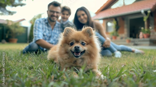 An idyllic suburban home features a family playing with their cute little Pomeranian dog in the back yard. Father  Mother  Son pet and train the fluffy smart puppy.