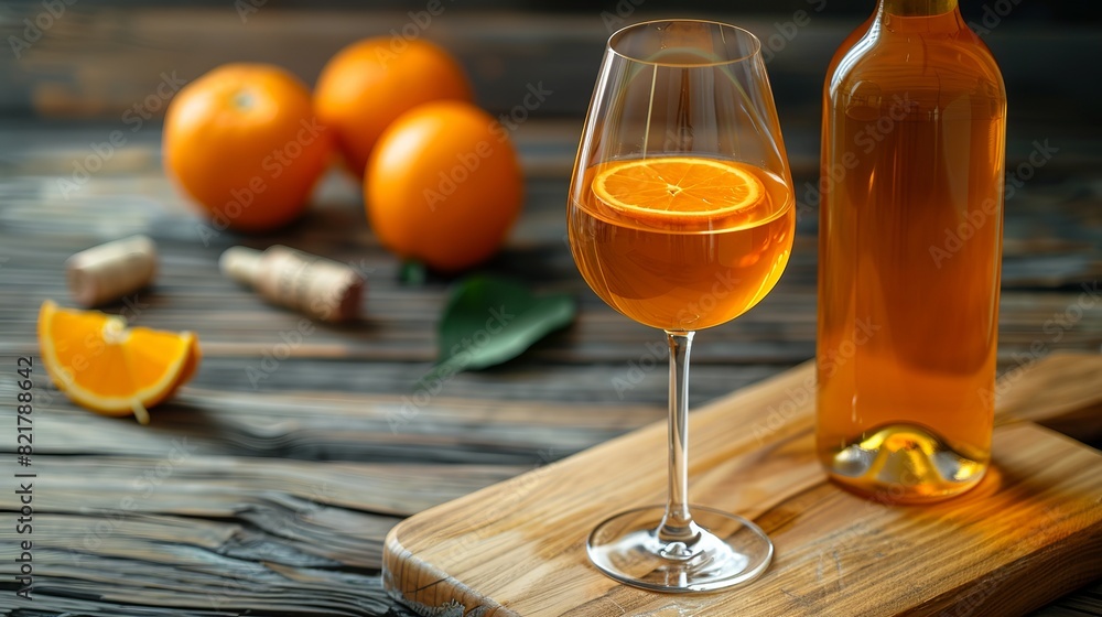 An orange bottle of wine and a filled glass of orange wine on a wooden cutting board An orange bottle of wine and a filled glass of orange wine on a wooden cutting board