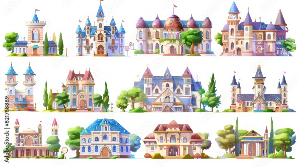 Modern cartoon set of education houses, outside of colleges, primary or elementary schools, daycares. School, kindergarten, and university buildings isolated on white background.