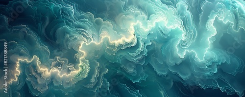 Abstract waves swirling in deep blues and greens, cascading from left to right along the bottom of the image, with a hint of light refractions. © Ibrar Artist
