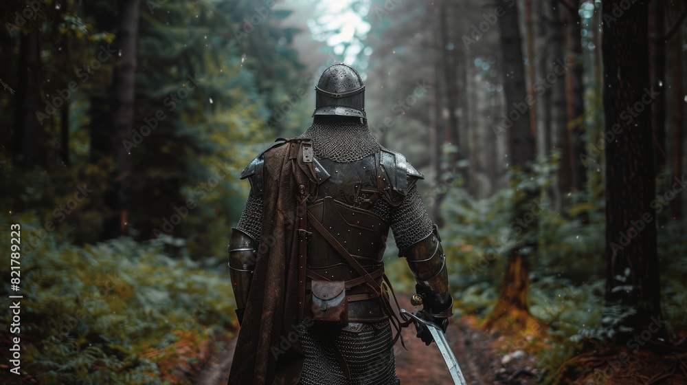Invading and colonizing a mysterious land, a lonesome medieval warrior marches through the forest. At the edge of the forest, he wears full body armor, helmet, shield, and sword as he travels through Invading and colonizing a mysterious land, a lonesome medieval warrior marches through the forest. At the edge of the forest, he wears full body armor, helmet, shield, and sword as he travels through