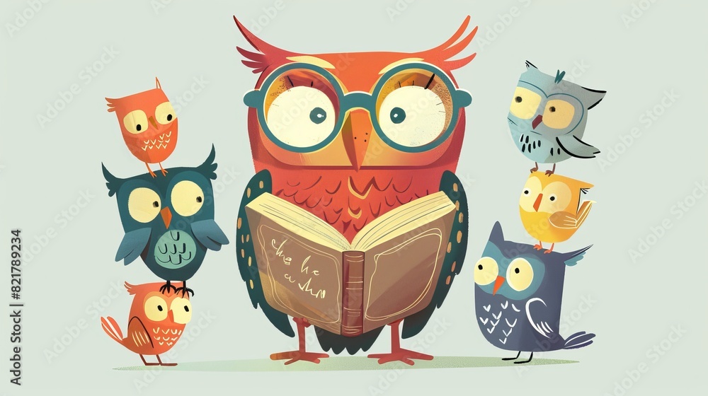 Obraz premium An adorable cartoon owl with glasses reads a book, representing a group of clever student kids. This teacher owl interacts with funny animal students.