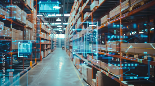 Smart warehouse management system using augmented reality technology to identify package picking and delivery . Future concept of supply chain and logistic business photo