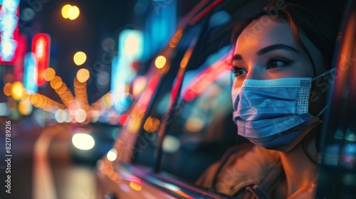 The female wears a mask as she commutes to work in the backseat of a taxi at night. Beautiful passenger is gazing out of a car window while in an urban city street with neon signs. photo