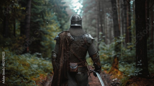 Invading and colonizing a mysterious land, a lonesome medieval warrior marches through the forest. At the edge of the forest, he wears full body armor, helmet, shield, and sword as he travels through photo