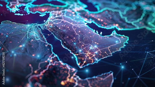 An abstract map of Saudi Arabia and the broader Middle East and North Africa region symbolizes global network connectivity. It highlights the significance of data transfer, cyber technology photo