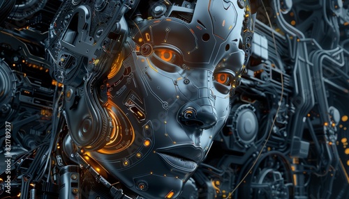 The image is a close-up of a female cyborg's face. She has glowing orange eyes and a metallic, expressionless face. She is made of wires and other mechanical parts.