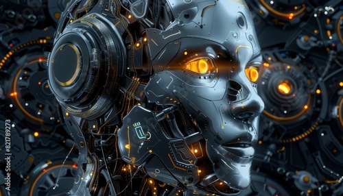 The image is a close-up of a female cyborg's face