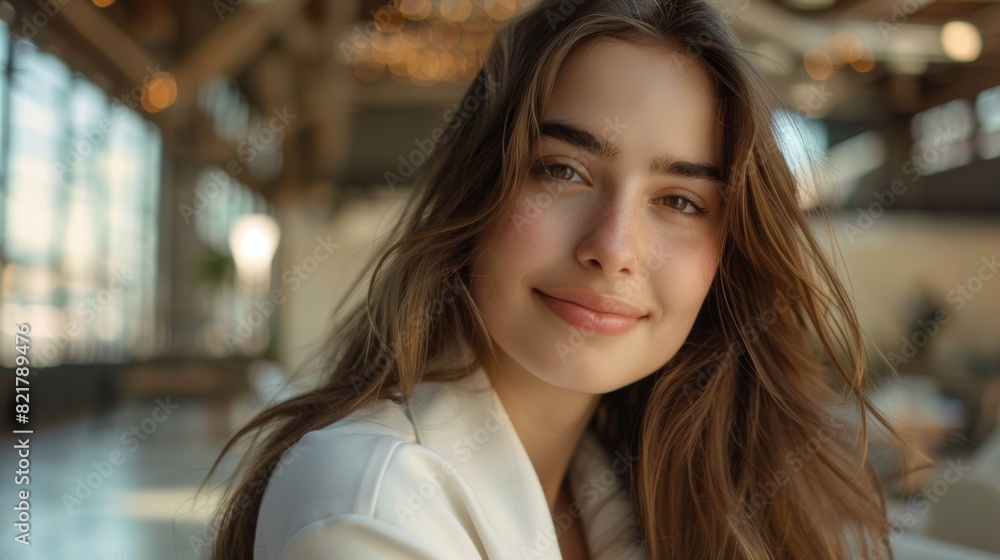 This picture depicts a beautiful young woman wearing a white jacket, posing for the camera, and charmingly smiling. She is a successful brunette woman with brown eyes working in an office of a This picture depicts a beautiful young woman wearing a white jacket, posing for the camera, and charmingly smiling. She is a successful brunette woman with brown eyes working in an office of a