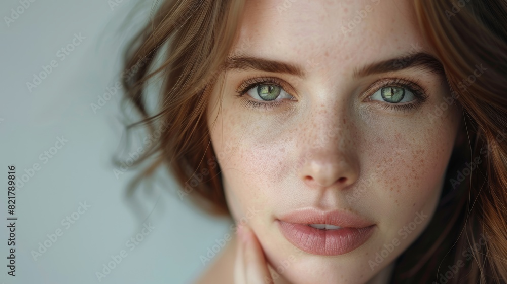 A beautiful Caucasian woman poses, touches her natural, healthy skin. Wellness and Skincare Concept on Soft Isolated Background. Close-up. A beautiful Caucasian woman poses, touches her natural, healthy skin. Wellness and Skincare Concept on Soft Isolated Background. Close-up.