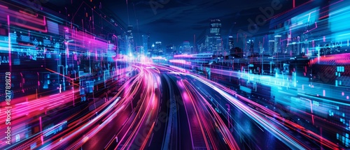 Vibrant cityscape at night with futuristic neon lights and fast-moving traffic  showcasing a dynamic and modern urban environment.