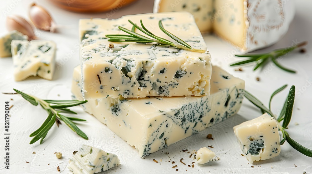 Blue cheese chunks with rosemary on a white table. Full view. Flat photo.