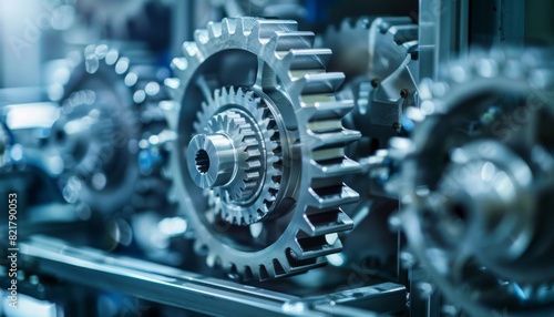 The image shows a close-up of a complex machine with many gears and other metal parts. The machine is blue and silver, and the gears are turning. photo