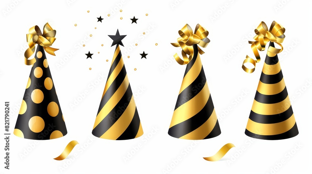 For celebrations of birthdays, party hats with gold and black stripes, dots, and stars are presented in this modern realistic set of funny cone head caps with golden ribbons. For celebrations of birthdays, party hats with gold and black stripes, dots, and stars are presented in this modern realistic set of funny cone head caps with golden ribbons.
