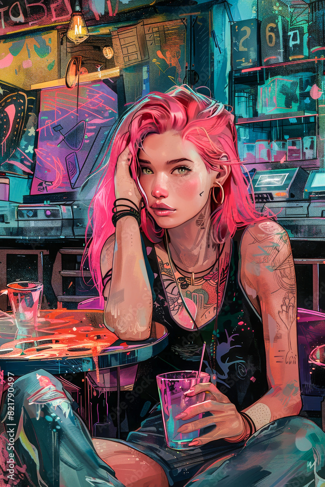 Cyberpunk Nights.  Generated Image.  A digital illustration of a young woman spending the night in a seedy, cyberpunk part of town.