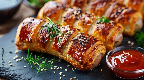 Baked sausage in pastry with sesame seeds and sauce.