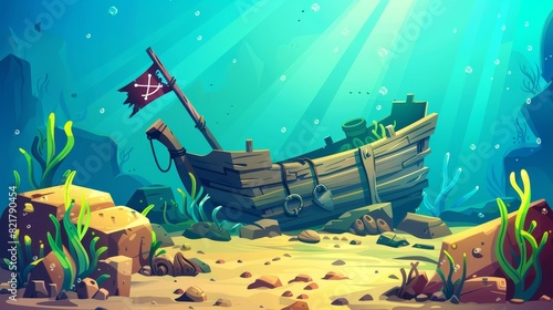 Cartoon modern illustration of sunken filibuster vessel and wooden boat with jolly roger flag on ocean sandy bottom with sun beams falling from above. photo