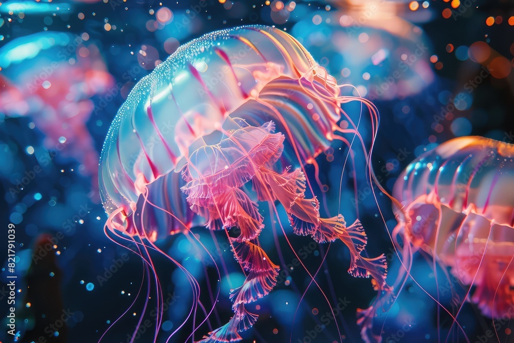 Group of neon jellyfish with translucent, glowing bodies in shades of pink and blue, elegantly floating in the deep blue ocean. Group of neon jellyfish with translucent, glowing bodies in shades of pink and blue, elegantly floating in the deep blue ocean.