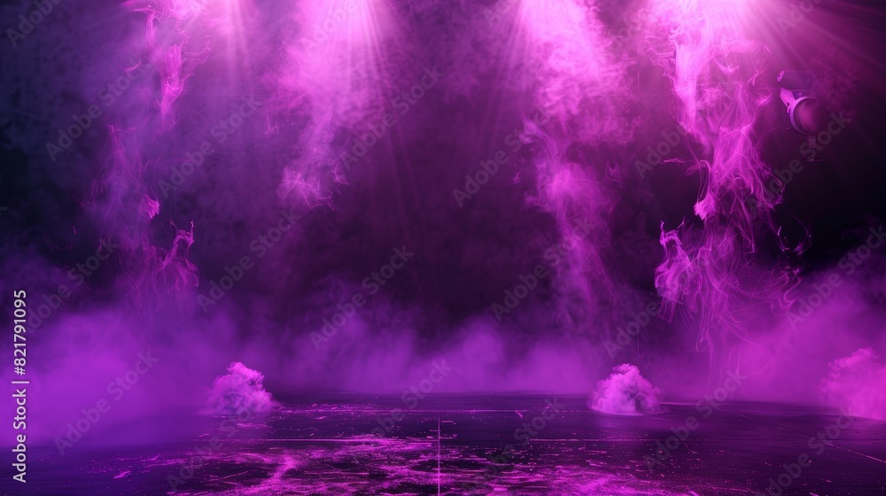 Stage lights with smoke, studio or theater scene lamp rays, purple illumination on the floor and ceiling for show presentation, realistic 3D modern.